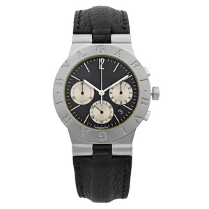 An image of a Wristwatch by Bvlgari. This Pre Owned item is designed for Unisex Adult, featuring a Dress/Formal,Luxury style. It has a Quartz movement and an Analog display with a Black dial color. The indices include 12-Hour Dial,Seconds Hand,Sticks. The band is made of Leather and the case is made of White Gold. The watch has a Round shape with a case size of 35 mm and a case thickness of 9 mm.