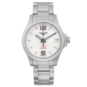 An image of a pre-owned Longines women's wristwatch in excellent condition featuring a full frontal view. The watch has a round stainless steel case and a stainless steel band. It is positioned straight on with the camera angle centered and parallel to the face, offering a clear view from a close distance. The dial is white with a mother of pearl pattern, diamond markers at the hour positions, and a gray bezel. The watch has a 12-hour dial with the Longines logo and V.H.P. text, indicating very high precision, at the center beneath the 12 o'clock position. A date window is visible at the 3 o'clock position.