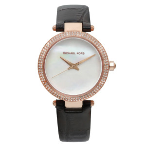 An image of a Wristwatch by Michael Kors. This Pre Owned item is designed for Women, featuring a Casual style. It has a Quartz movement and an Analog display with a Mother of Pearl dial color. The indices include 12-Hour Dial,No Hour Marks,Non-Numeric Hour Marks. The band is made of Leather and the case is made of Stainless Steel. The watch has a Round shape with a case size of 33 mm and a case thickness of 9 mm.