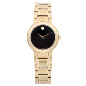 An image of a wristwatch displayed from a front full frontal view. The watch features a sleek black dial with gold hands and a minimalist design, set within a polished gold case. The unworn timepiece has a matching gold bracelet, showcasing its pristine condition. The angle captures the watch directly from the front, highlighting its elegant and sophisticated design.