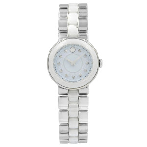 An image of a Wristwatch by Movado. This Display Model item is designed for Women, featuring a Casual style. It has a Quartz movement and an Analog display with a White dial color. The indices include 12-Hour Dial,Diamond Markers. The band is made of Ceramic,Stainless Steel and the case is made of Stainless Steel. The watch has a Round shape with a case size of 28 mm and a case thickness of 8 mm.