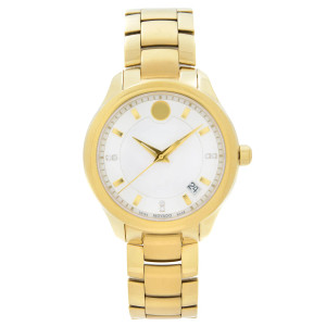 An image of a Wristwatch by Movado. This Pre Owned item is designed for Women, featuring a Dress/Formal style. It has a Quartz movement and an Analog display with a White dial color. The indices include Non-Numeric Hour Marks. The band is made of Stainless Steel and the case is made of Stainless Steel. The watch has a Round shape with a case size of 36 mm and a case thickness of 8.5 mm.