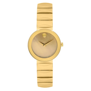 An image of a Wristwatch by Movado. This New With Defects item is designed for Women, featuring a Dress/Formal style. It has a Quartz movement and an Analog display with a Gold dial color. The indices include No Hour Marks. The band is made of Stainless Steel and the case is made of Stainless Steel. The watch has a Round shape with a case size of 26 mm and a case thickness of 7 mm.