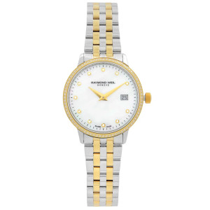 An image of a Wristwatch by RAYMOND WEIL. This Unworn item is designed for Women, featuring a Dress/Formal style. It has a Quartz movement and an Analog display with a White dial color. The indices include 12-Hour Dial,Diamond Markers,Non-Numeric Hour Marks. The band is made of Stainless Steel and the case is made of Stainless Steel. The watch has a Round shape with a case size of 29 mm and a case thickness of 7 mm.