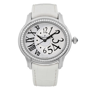 An image of a pre-owned Audemars Piguet Millenary 39mm Steel Diamond Silver Dialwomen's wristwatch. The watch is positioned centrally, facing forward, showcasing its round face and intricate details. The dial features a mix of large Arabic and Roman numerals, with a decorative pattern on the left side. The bezel is adorned with a row of sparkling diamonds, enhancing its elegant appearance. The watch strap is white, complementing the silver-tone case. The image is taken from a close-up angle, capturing the watch's design and craftsmanship.