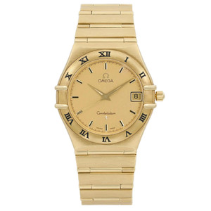 An image of a pre-owned wristwatch taken from a front full frontal view. The watch has a gold-tone bracelet and a round dial with Roman numerals. The watch face includes a date window on the right side. The timepiece is centered in the image, showcasing its design and details clearly.