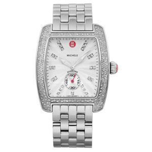An image of a Wristwatch by MICHELE. This Pre Owned item is designed for Women, featuring a Casual style. It has a Quartz movement and an Analog display with a Silver dial color. The indices include 12-Hour Dial,Diamond Markers. The band is made of Stainless Steel and the case is made of Stainless Steel. The watch has a Round shape with a case size of 36 mm and a case thickness of 12 mm.