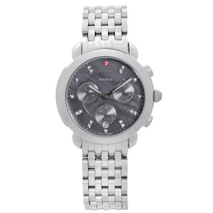 An image of a Wristwatch by MICHELE. This Display Model item is designed for Women, featuring a Dress/Formal style. It has a Quartz movement and an Analog display with a Gray dial color. The indices include 12-Hour Dial,Diamond Markers,Non-Numeric Hour Marks. The band is made of Stainless Steel and the case is made of Stainless Steel. The watch has a Round shape with a case size of 36 mm and a case thickness of 11 mm.