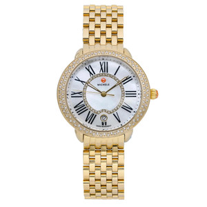 An image of a Wristwatch by MICHELE. This Display Model item is designed for Women, featuring a Dress/Formal style. It has a Quartz movement and an Analog display with a White dial color. The indices include 12-Hour Dial,Roman Numerals. The band is made of Gold Plated,Stainless Steel and the case is made of Gold Plated,Stainless Steel. The watch has a Round shape with a case size of 36 mm and a case thickness of 10 mm.