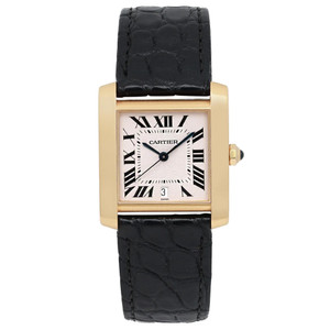 An image of a pre-owned Cartier Tank Francaise 18K Yellow Gold Silver Dial Automatic Mens Watch W5000156 positioned vertically, taken from a front-facing angle at a close distance. The watch features a rectangular gold case with a white dial displaying Roman numerals and a date indicator at the bottom. The black leather strap has a textured pattern.