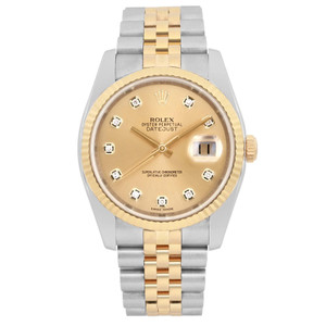 An image of a pre-owned men's Rolex Datejust 36mm 18K Yellow Gold Steel Champagne Diamond Watch 116233 taken from a straight-on angle at a close distance. The watch features a two-tone metal band with alternating gold and stainless steel links. It has a gold dial adorned with diamond hour markers and a date indicator at the 3 o'clock position. The fluted bezel is gold, complementing the gold crown on the side. The brand's logo and model name are visible on the dial.