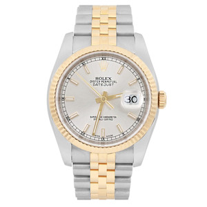 An image of a pre-owned men's Rolex Datejust 36mm Steel 18K Yellow Gold Silver Dial Automatic Watch 116233, viewed from a straight-on angle. The watch features a two-tone metal band with stainless steel and gold links. The face is silver with gold hour markers and hands, including a date indicator at 3 o'clock. The watch's luminous hands and fluted gold bezel are prominent. The photograph is taken from a close range, showcasing the details of the watch's design and features.