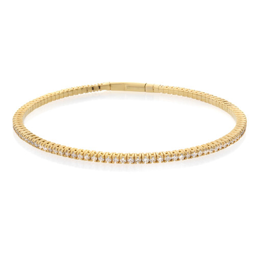 An image of a Rachel Koen women's bracelet with diamonds, presented in a frontal view showcasing its full circle. The bracelet is positioned horizontally in the center of the frame against a white background. It is designed in yellow gold,  encrusted with a single row of sparkling diamonds that catch the light. The piece is photographed from a close distance, providing a clear view of the diamonds' facets and the bracelet's intricate design details.