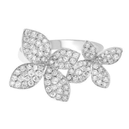 An image of a Rachel Koen women's floral cocktail ring with diamonds, displayed in a close-up view at a frontal angle, showcasing a white gold band topped with a cluster of flower petals, each densely packed with sparkling diamonds to form a floral design.