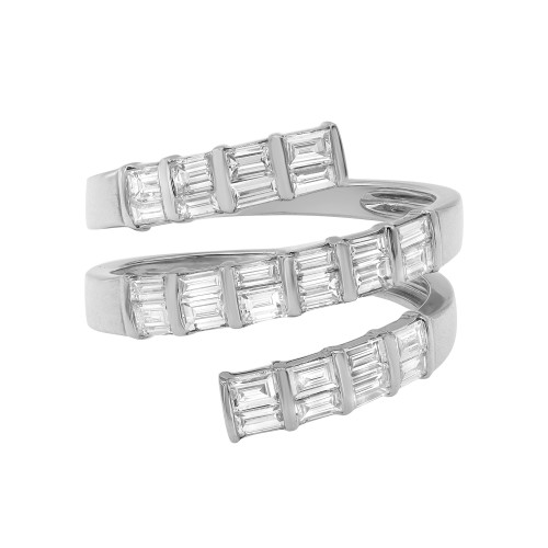 An image of a Rachel Koen brand women's ring with diamonds, showcased on a neutral background. The ring is positioned at a slight angle, with the top portion closer to the viewer, giving a clear view of the sparkling, baguette cut diamonds set in a channel setting in white gold band. The image is taken from a medium distance, allowing the entire ring to be in focus, highlighting the luxurious design and craftsmanship.