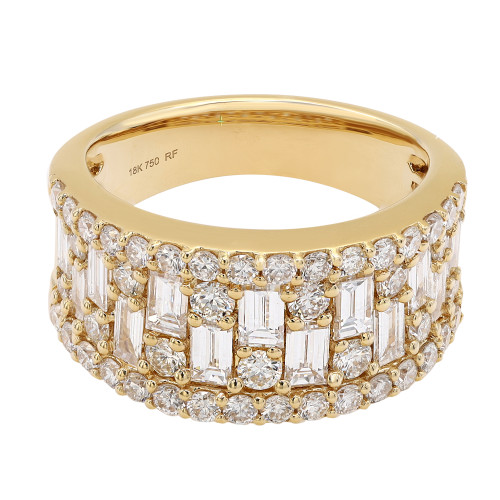 An image of a Rachel Koen women's ring with diamonds, shown in close-up with a direct side view. The ring features a polished yellow gold band, with multiple rows of both round-cut and baguette cut diamonds. The diamonds are arranged in a pavé setting, creating a sparkling and luxurious appearance. The image displays the ring against a white background, showcasing its intricate details and craftsmanship.