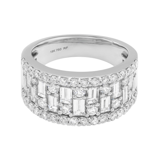 An image of a luxurious Rachel Koen women's ring with diamonds, shown in a close-up side view. The ring displays a band encrusted with multiple rows of sparkling round and baguette cut diamonds, set in a shiny 18k white gold band. The image is taken at a medium distance, providing a clear view of the intricate diamond settings and the hallmark inside the band. The ring is centered and occupies the majority of the frame, allowing for detailed observation of its design and craftsmanship.