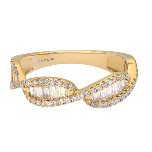 An image of a Rachel Koen women's ring with diamonds, showcasing a close-up, top-down view. The 18-karat yellow gold band displays an infinity symbol-like twist with two rows of round-cut diamonds framing a central line of baguette-cut diamonds. The ring is angled slightly to the left, with the band's curvature and reflective gold surface clearly visible against a neutral background. The image is taken from a distance that highlights the ring's intricate detailing and the diamonds' sparkle.