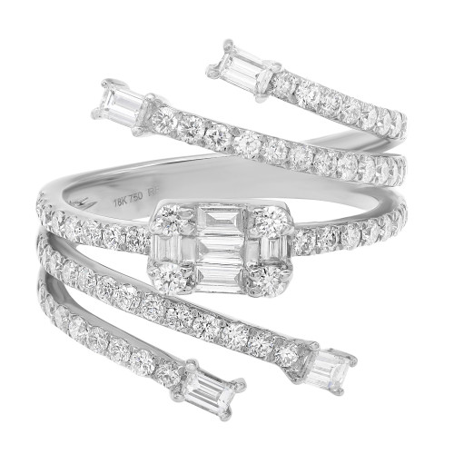 An image of a Rachel Koen women's ring with diamonds, displayed against a white background. The ring features a spiral design with multiple bands intertwined, each encrusted with round brilliant-cut diamonds with baguette cut diamonds in white gold. The view is from above at a slight angle, highlighting the stones' facets and the ring's intricate details. The piece is well-lit, with the diamonds sparkling and the metal's hallmark '18K 750 RF' visible, suggesting a high-quality finish. The distance is close enough to capture the ring's elegance and craftsmanship.