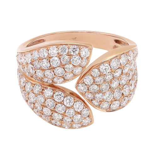 An image of a Rachel Koen women's ring with diamonds, showcased in a close-up front view. The ring features a rose gold band with a three curved design encrusted with round cut diamonds that give the appearance of leaves or petals. The diamonds are arranged in tight formations, offering a glittering display. The angle provides a clear and detailed view of the intricate setting and the reflective qualities of the gemstones.