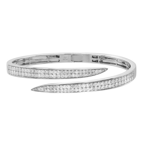 An image of a Rachel Koen women's bracelet with diamonds, presented on a neutral background. The bracelet is captured in a close-up view, showcasing its elegant open design. It features a sleek, polished white gold band with studded sparkling round cut diamonds. The clasp is visible and securely fastened, positioned on the upper left side. The image is taken from a front-facing angle, allowing clear visibility of the intricate details and craftsmanship.