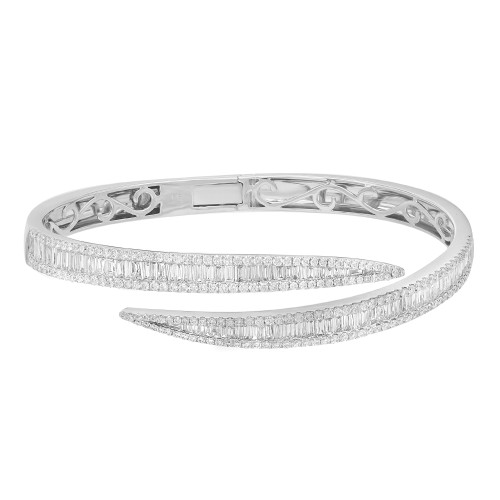 An image of a Rachel Koen women's bracelet with diamonds, showcased on a plain background. The bracelet is positioned horizontally across the center of the frame with a slight tilt, allowing a clear view of the round cut diamond-encrusted front and the intricate designs on the inside. The bracelet is captured from a top-down angle, and the image is taken from a medium distance, providing a detailed view of the sparkling diamonds and the shiny white gold bracelet.