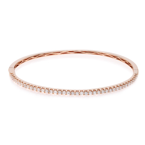 An image of a Rachel Koen women's bracelet with diamonds, displayed in a close-up, front-facing view against a white background. The bracelet is rose gold with a row of sparkling round cut diamonds set along the top half, while the bottom half showcases a smooth, polished surface. The bracelet is positioned horizontally and centered in the frame, offering a clear view of its elegant design and luxurious gemstones.