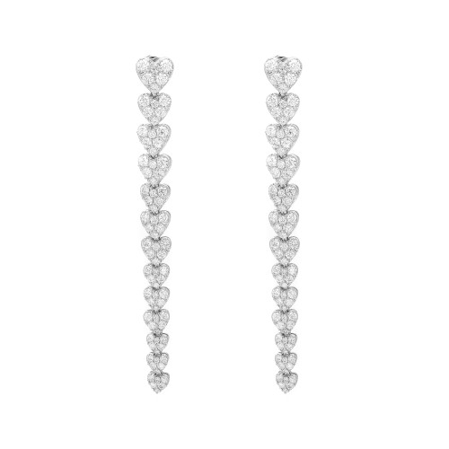 An image of a pair of Rachel Koen brand women's earrings with diamonds, displayed vertically and symmetrically against a white background. Each earring consists of a series of heart-shaped designs in graduation, each encrusted with multiple small, sparkling round cut diamonds in white gold. The earrings are shown head-on, providing a clear and detailed view of the design from a medium distance, allowing each diamond's cut and the overall elegance of the earrings to be appreciated.