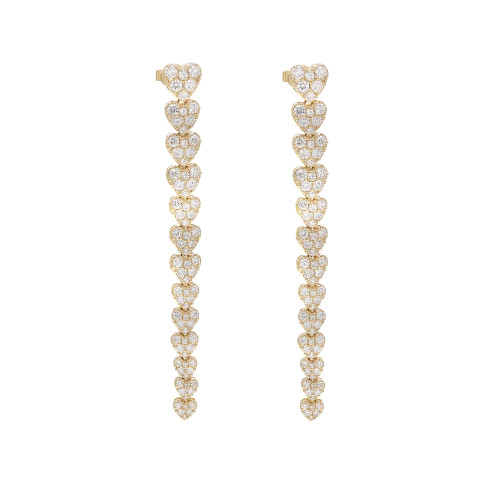 An image of a pair of Rachel Koen brand earrings for women, featuring a linear drop earrings with multiple heart-shaped designs encrusted with sparkling round cut diamonds in yellow gold. The earrings are displayed vertically side by side, centered and against a white background, with a head-on view providing a clear look at the intricate diamond settings. The distance is close enough to show the sparkle of the diamonds and the details of the craftsmanship.