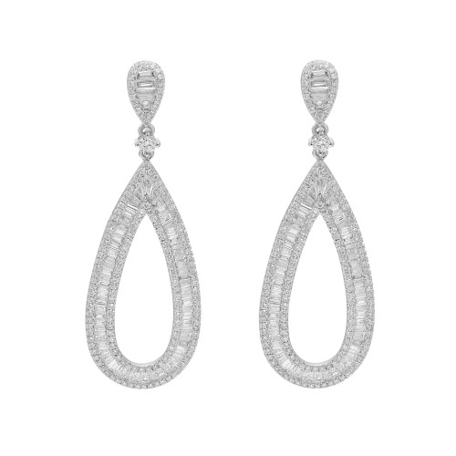An image of a pair of Rachel Koen women's earrings with diamonds, displayed frontally against a white background. The earrings are designed with a teardrop shape and feature multiple sparkling baguette cut diamonds with an outline of round cut diamonds in white gold. The top of each earring has a small, rectangular diamond-set link connected to a diamond-encrusted loop from which hangs the larger teardrop element. The photograph presents the earrings in close-up, occupying the majority of the frame, providing a clear view of the intricate details and the reflective quality of the diamonds.