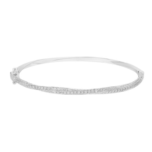 An image of a Rachel Koen women's bracelet with diamonds, positioned horizontally across the center of the frame. The bracelet is shown from a top-down angle, providing a clear view of the round cut diamond-encrusted surface and the polished white gold band. The image is a close-up, capturing the bracelet in fine detail against a white background.