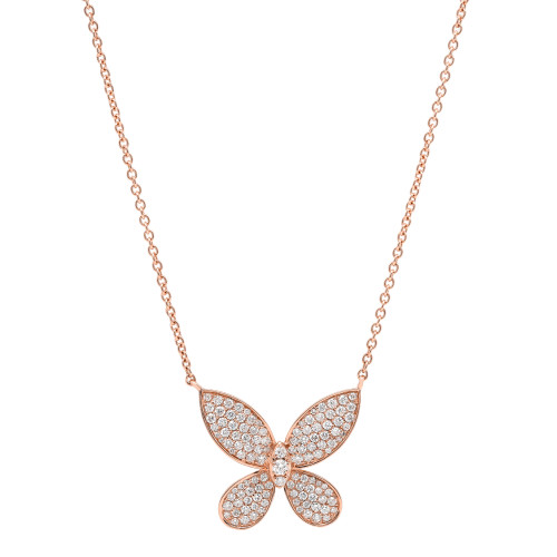 An image of a Rachel Koen brand women's necklace with diamonds, showcasing a butterfly-shaped pendant embellished with numerous small, sparkling round cut diamonds set in rose gold. The necklace is displayed against a white background, with the chain extending symmetrically from both sides of the butterfly pendant, forming a V-shape as it would appear when worn. The photograph is taken from a front-facing angle, capturing the entire length of the necklace, providing a clear and detailed view of the intricate design and the reflective quality of the diamonds. The image is shot from a medium distance, ensuring the entire piece is in focus and easily discernible.