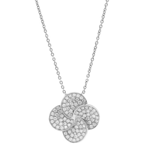 An image of a Rachel Koen women's necklace with diamonds, displayed frontally and centered against a white background. The necklace features a pendant with a clover-like design encrusted with numerous small, sparkling round cut diamonds, creating an elegant pattern. The pendant hangs on a delicate, white gold chain that is shown partially, with the top portion out of view suggesting continuity. The image is taken from a close, direct angle to highlight the intricate details and brilliance of the diamonds.