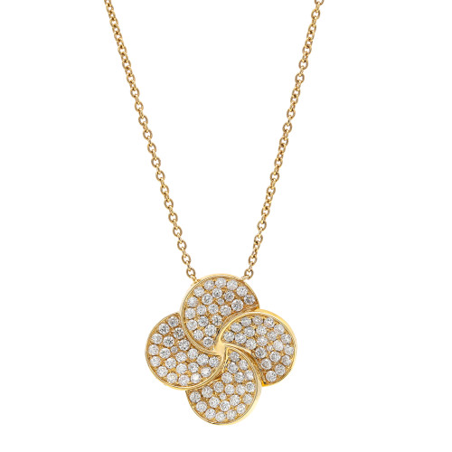 An image of a Rachel Koen brand women's necklace with diamonds, featuring a pendant with a clover design encrusted with multiple small round cut diamonds, set in yellow gold. The pendant is centered and displayed at a front-facing angle, with a gold chain extending up towards the top edges of the frame, suggesting a mid-distance view on a white background.