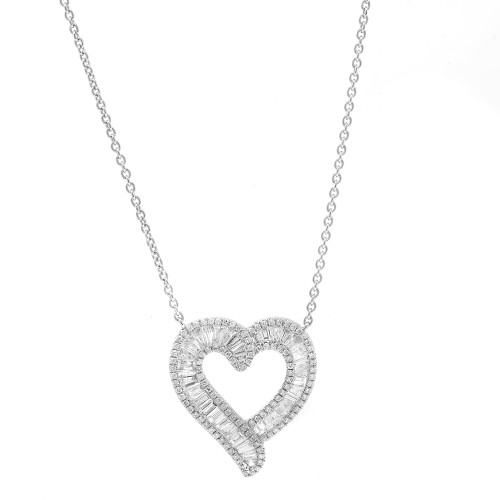 An image of a Rachel Koen women's necklace with diamonds, featuring a heart-shaped pendant encrusted with diamonds, centrally positioned against a white background. The necklace is captured from a front-facing angle, displaying the full design and sparkle of the diamonds with a close-up view, allowing for detailed observation of the piece. The chain extends symmetrically from the top edges of the pendant, suggesting a delicate and elegant appearance when worn.