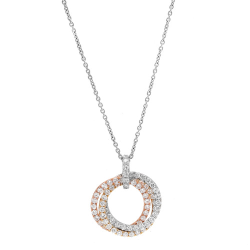 An image of a Rachel Koen brand women's necklace featuring a pendant with diamonds. The necklace is displayed centrally and viewed from front at a close distance, with the pendant hanging perpendicularly to the viewer. The pendant consists of three concentric circles in white gold, yellow gold and rose gold, adorned with round cut diamonds. The fine-linked chain is draped symmetrically on either side of the pendant, creating a V-shape as it extends towards the top edges of the frame in white gold.