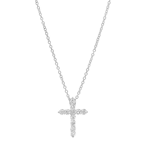 An image of a Rachel Koen women's necklace with diamonds, showcasing a cross pendant encrusted with glittering round cut diamonds in white gold, centered and displayed at a straight-on angle against a white background. The necklace chain features small, evenly spaced links leading to the pendant, which is positioned in the middle of the frame, with the necklace displayed in full length suggesting a close to medium distance from the viewer.