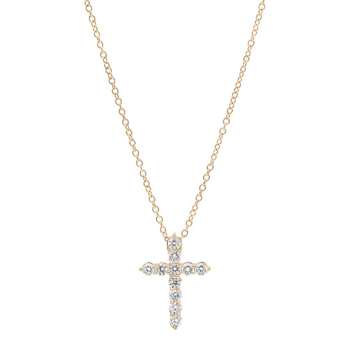 An image of a Rachel Koen women's necklace with diamonds, featuring a cross pendant adorned with multiple sparkling round cut diamonds in yellow gold, set against a white background. The necklace is presented in a straight-on view with the chain forming a V-shape at the top of the image and the cross pendant centrally positioned. The viewpoint is close up, capturing the pendant and part of the chain in clear detail, highlighting the contrast between the gold chain and the brilliance of the diamonds.