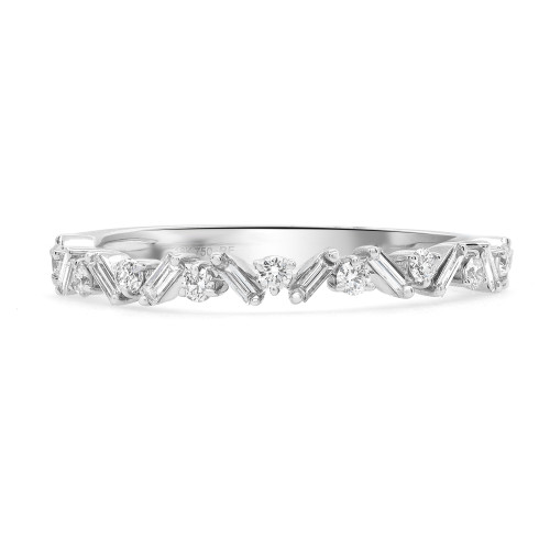 An image of a Rachel Koen women's ring with diamonds, shown in a close-up, frontal view on a white background. The ring features a series of sparkling diamonds set in a symmetrical, alternating pattern along the band. The diamonds catch the light from various angles, highlighting their cut and clarity. The white gold band itself has a polished finish that complements the brilliance of the stones. The image is taken from a level angle, providing a clear view of the diamonds' arrangement and the ring's design.