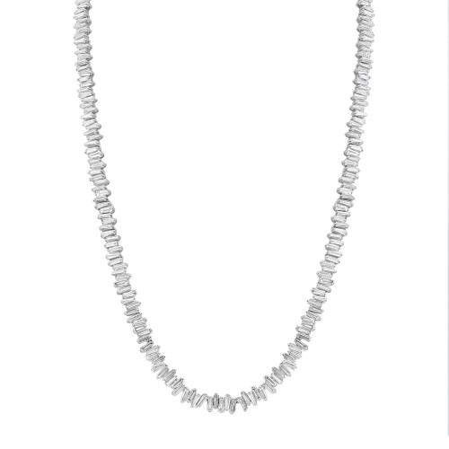 An image of a Rachel Koen women's necklace with diamonds displayed against a white background. The necklace is laid out in a slight curve mimicking the natural drape around a neck. It features numerous baguette cut diamonds set in white gold in a continuous line, positioned to reflect light and sparkle. The angle of the photograph is a straight-on view, with the necklace centered and occupying most of the frame, providing a clear and detailed look at the craftsmanship and design of the piece.