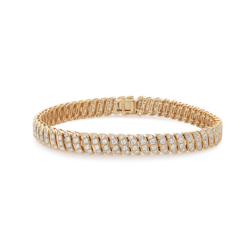 An image of a Rachel Koen women's bracelet with diamonds, prominently displayed in a straight horizontal position against a white background. The bracelet is captured in a close-up view, showcasing its intricate design and sparkling round cut diamonds with great clarity and detail. The yellow gold bracelet features multiple rows of diamonds set in a symmetrical pattern, reflecting light from various angles to emphasize its luxury and elegance.