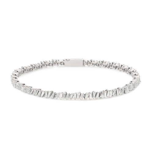 An image of a Rachel Koen women's bracelet with baguette cut diamonds, positioned centrally and viewed from above. The bracelet forms a full circle with a visible clasp and is set against a white background. The distance is close-up, capturing the intricate details of the diamonds and the reflective quality of the white gold metal, with the focus on the entire circumference of the bracelet.