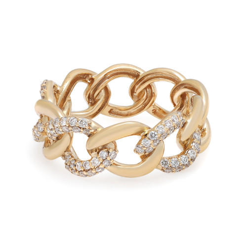 An image of a Rachel Koen women's ring with diamonds, showcased at a close-up angle against a white background. The ring features a series of Cuban links, with some links encrusted with sparkling round cut diamonds. The craftsmanship is intricate, with the diamonds adding a contrasting brilliance to the polished yellow gold. The view is head-on, emphasizing the ring's texture and the shine of the diamonds.
