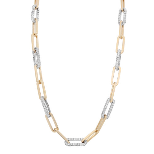 An image of a Rachel Koen women's necklace with diamonds, displayed against a plain background. The necklace features elongated yellow gold links alternating with white gold diamond studded links. It is positioned centrally in the frame, with a front-facing view that shows the necklace's design at a medium distance, providing a clear perspective of the intricate details and the shimmer of the diamonds.