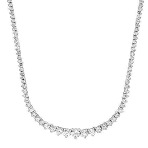 An image of a Rachel Koen women's necklace with diamonds displayed against a white background. The necklace is laid out in a slight curve, showcasing its front view with the diamonds facing upwards. It features a continuous line of closely set, round-cut diamonds in graduation, creating a sparkling and elegant appearance in white gold. The image is taken from a front-facing angle, capturing the entire length of the necklace, and is positioned at a medium distance to allow clear visibility of the diamonds' brilliance and the necklace's design.
