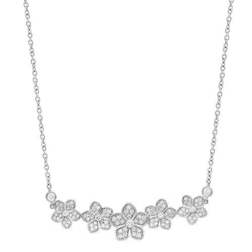 An image of a Rachel Koen women's necklace with diamonds, displayed against a white background. The necklace features a series of flower-shaped designs studded with round cut diamonds symmetrically arranged along the front in white gold, captured in a straight-on view with the chain extending towards the top corners of the frame, showcasing the design and sparkle of the diamonds clearly from a medium distance.