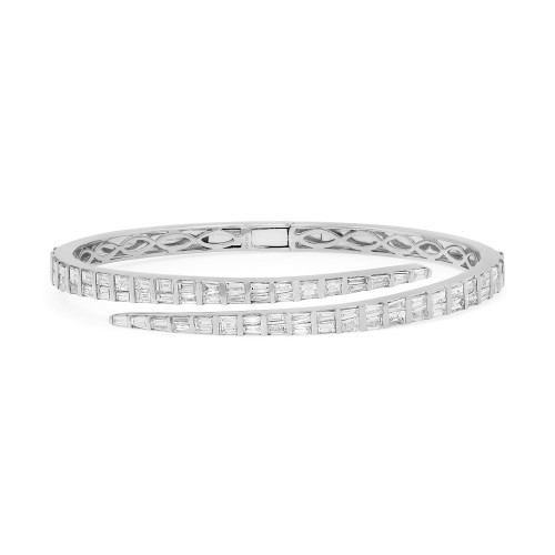 An image of a Rachel Koen women's bracelet with diamonds, displayed in a straight-on view against a white background. The bracelet is positioned horizontally across the center of the frame, showcasing its intricate design and the sparkling baguette cut diamonds set in a symmetrical pattern in white gold. The image is taken from a medium distance, providing a clear view of the bracelet's details and craftsmanship.