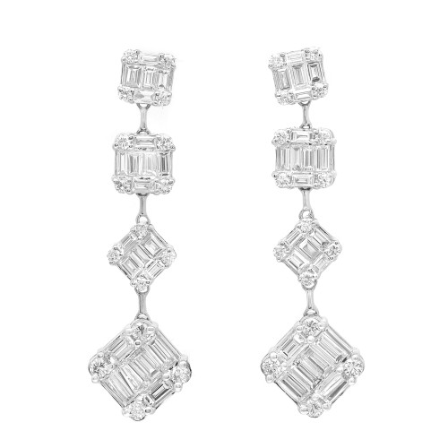 An image of a pair of Rachel Koen diamond earrings for women, displayed frontally. The earrings feature a vertically aligned, drop design with four distinct sections of baguette-cut diamonds, each linked by a smaller round diamond in white gold. The top section is square-shaped, followed by a rectangular piece, and ends with a larger diamond-encrusted square that hangs at an angle. The photograph is taken from a straight-on perspective with the earrings appearing equidistant from the viewer.