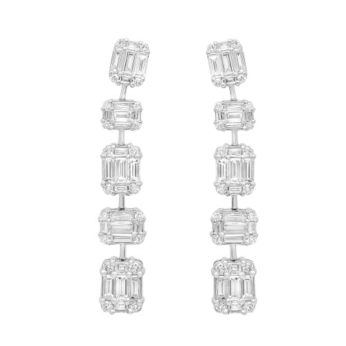An image of a pair of Rachel Koen women's earrings with diamonds, displayed vertically and centered against a white background. The earrings feature multiple baguette and round cut diamonds arranged in a linear, drop design, with each diamond set perpendicular to the next, creating a staggered effect in white gold. The view is head-on, and the earrings are shown at a close distance, allowing for clear visibility of the diamond cuts and the intricate settings.