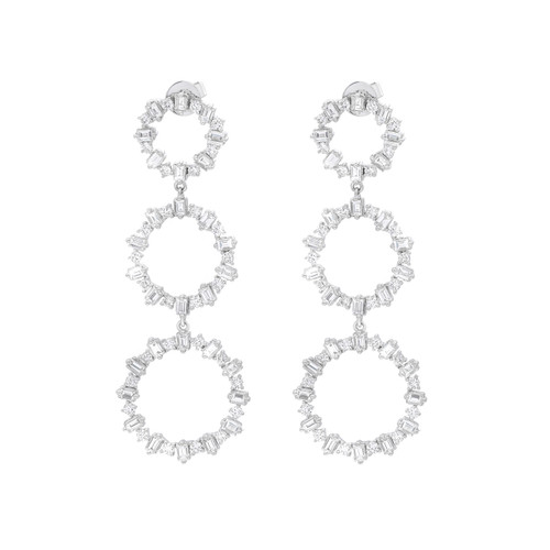 An image of a pair of Rachel Koen women's earrings with diamonds, featuring two concentric circles in a drop design. The earrings are displayed against a white background in a frontal view, allowing clear visibility of the sparkling round and baguette cut diamonds set in a white gold metal. They are positioned symmetrically with a medium-close distance to the camera, capturing the intricate details and reflective qualities of the diamonds.